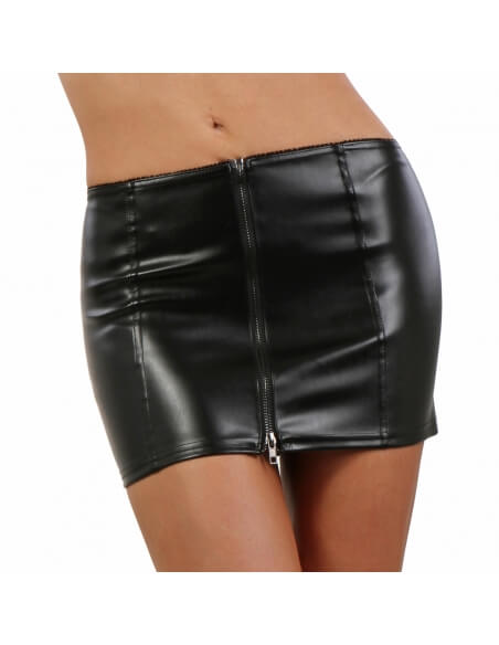 Mini-jupe zippée en simili cuir noir