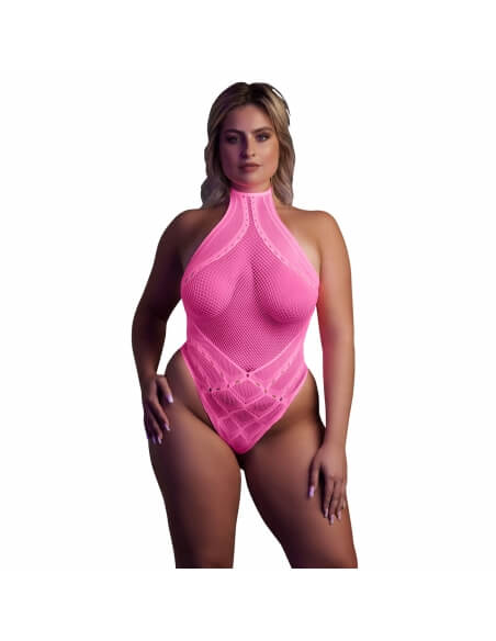 Body XL en résille rose fluo à motifs géométriques