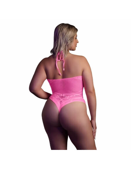 Body XL en résille rose fluo à motifs géométriques