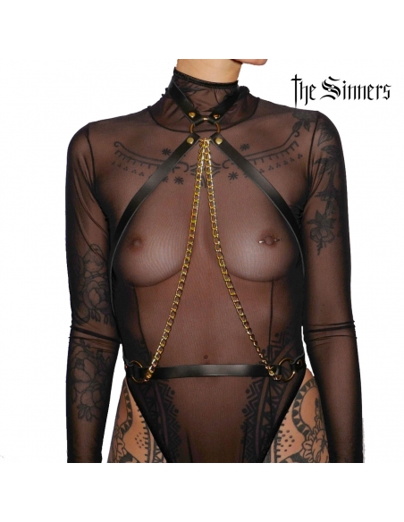 Harnais de buste The Sinners en cuir noir à double chaîne dorée