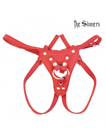 Harnais Strap-On The Sinners en cuir rouge avec boucles réglables